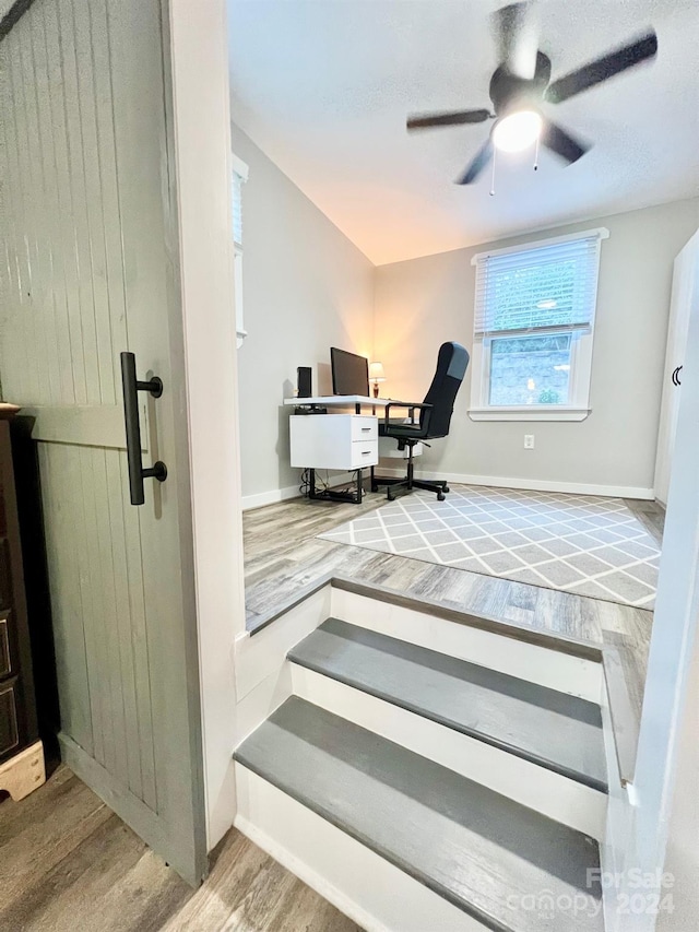 office space with light wood-type flooring and ceiling fan