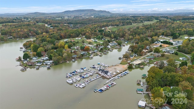 bird's eye view featuring a water and mountain view