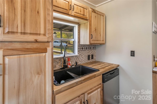 kitchen with backsplash, stainless steel dishwasher, sink, and light brown cabinets