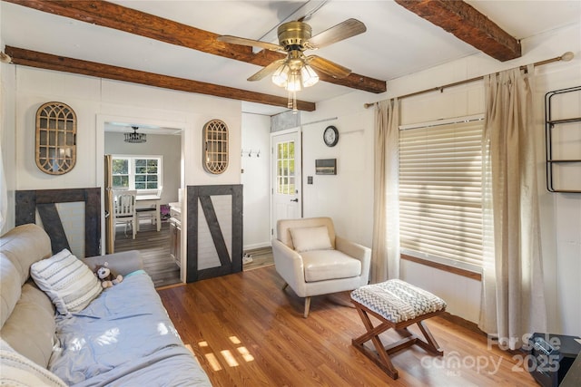 living room with ceiling fan, wood-type flooring, and beam ceiling