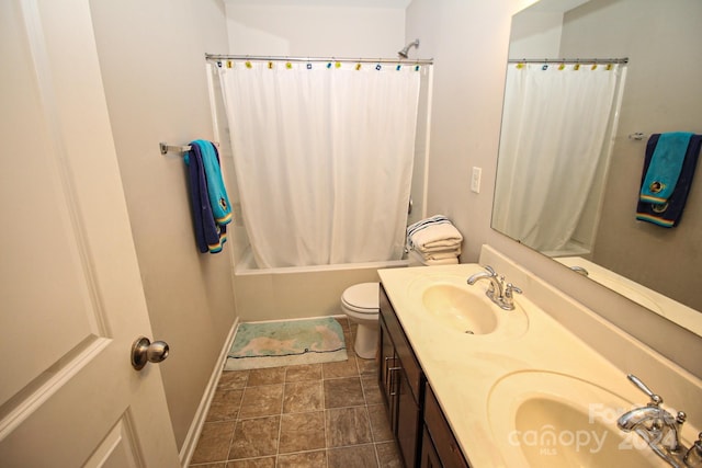 full bathroom featuring vanity, toilet, shower / tub combo, and tile patterned flooring