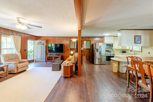 living room featuring sink, dark hardwood / wood-style floors, a textured ceiling, and ceiling fan