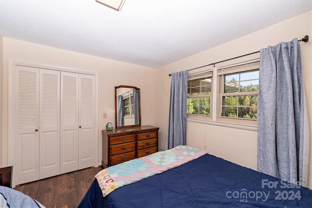 bedroom with a closet and dark hardwood / wood-style flooring