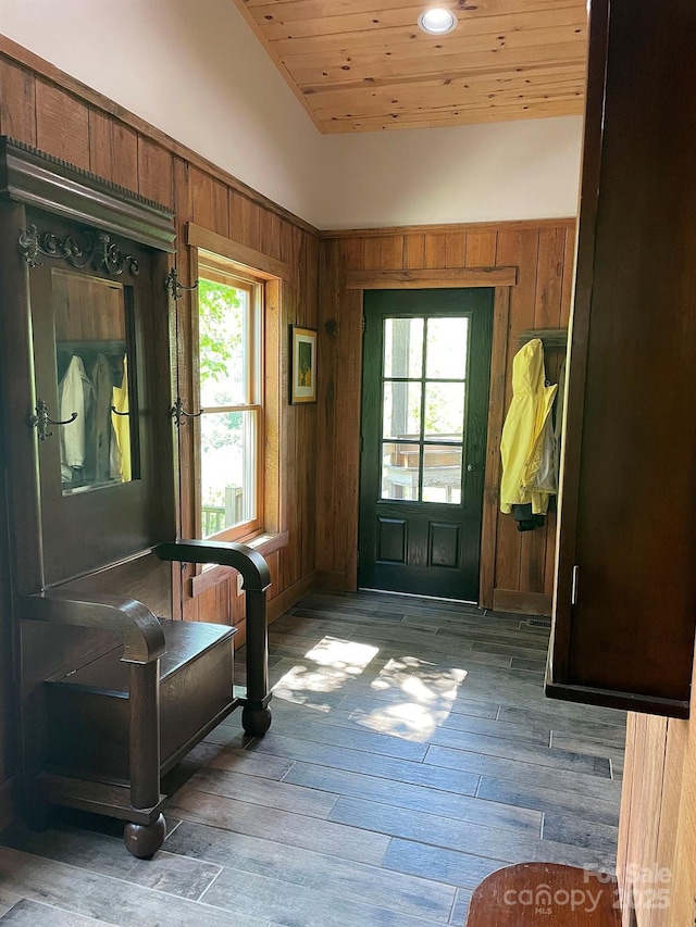 doorway featuring wood ceiling, dark hardwood / wood-style floors, and wood walls