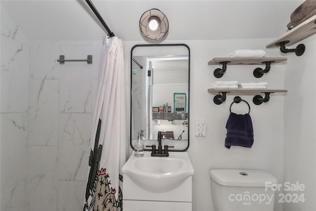 bathroom featuring vanity, toilet, and walk in shower