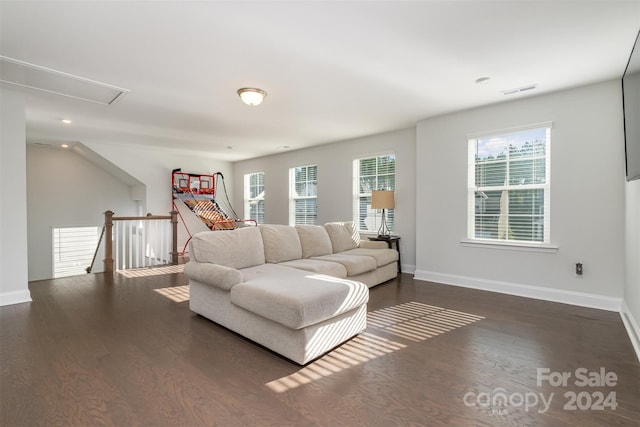 living room featuring dark wood-type flooring