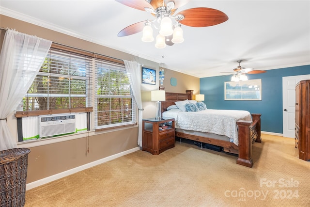 bedroom featuring light carpet, crown molding, and ceiling fan