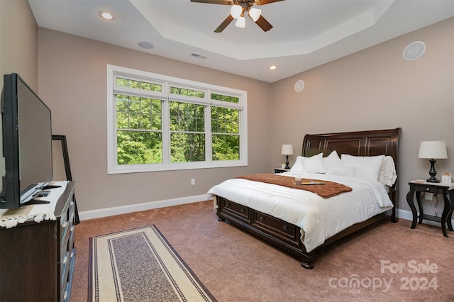 bedroom featuring a raised ceiling, carpet floors, and ceiling fan