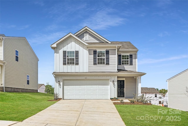 view of front of house featuring a shingled roof, an attached garage, board and batten siding, a front yard, and concrete driveway