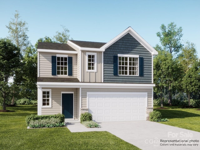 view of front facade with a front yard and a garage