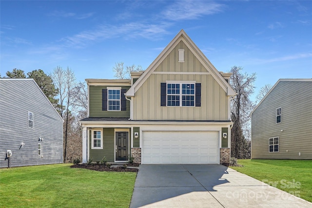 view of front of home featuring board and batten siding, a front yard, brick siding, and driveway