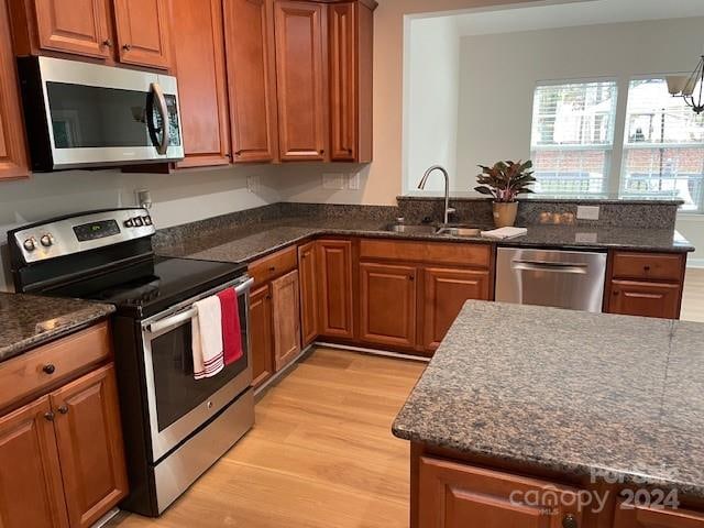 kitchen with light hardwood / wood-style floors, stainless steel appliances, kitchen peninsula, and sink