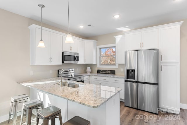 kitchen with dark hardwood / wood-style flooring, light stone counters, pendant lighting, white cabinetry, and appliances with stainless steel finishes