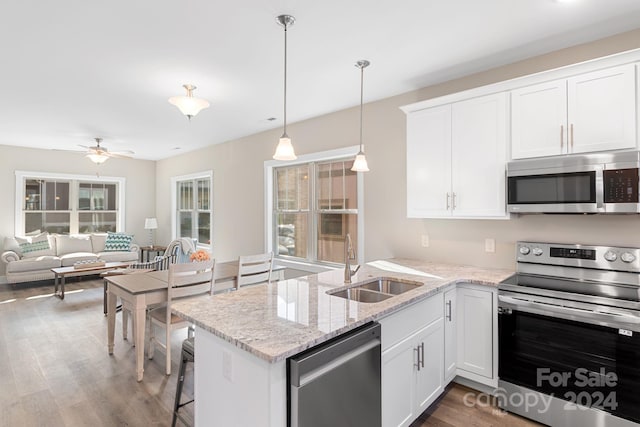 30 Wheeler Rd, Weaverville, NC 28787 - kitchen with stainless steel appliances, a sink, a peninsula, dark wood-style flooring, and white cabinetry