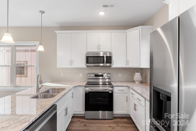 kitchen with white cabinetry, sink, appliances with stainless steel finishes, pendant lighting, and dark hardwood / wood-style flooring