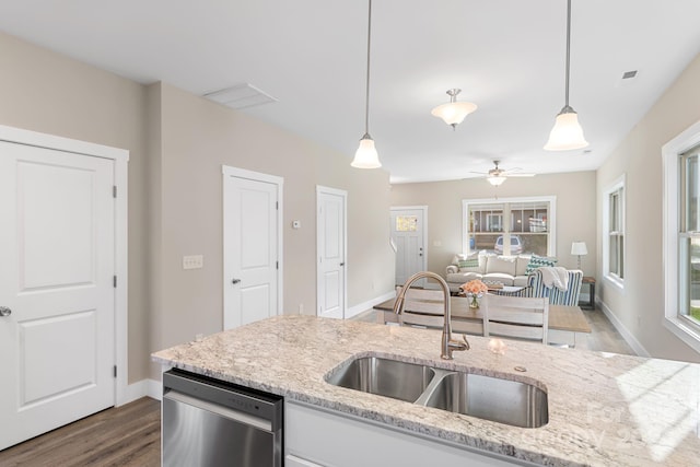 30 Wheeler Rd, Weaverville, NC 28787 - kitchen featuring a sink, stainless steel dishwasher, wood finished floors, open floor plan, and hanging light fixtures