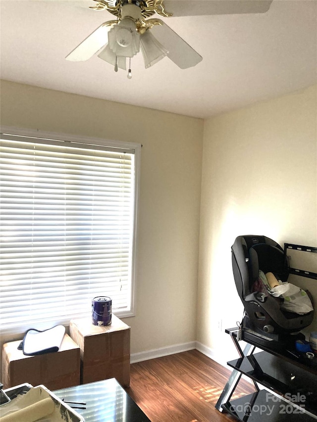 office featuring wood-type flooring and ceiling fan