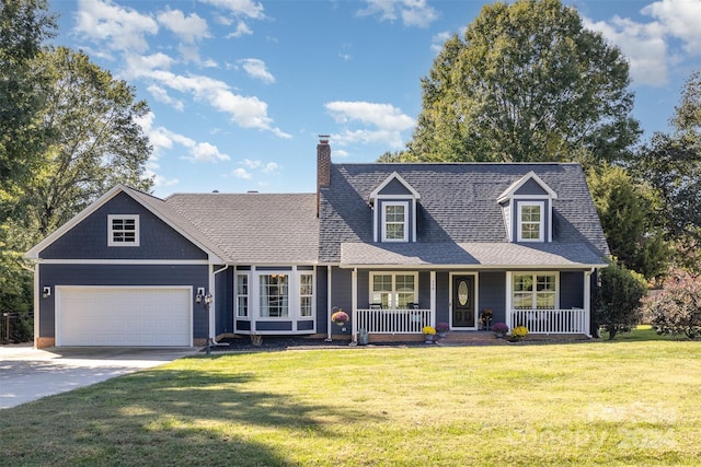 view of front facade with a front lawn, covered porch, and a garage