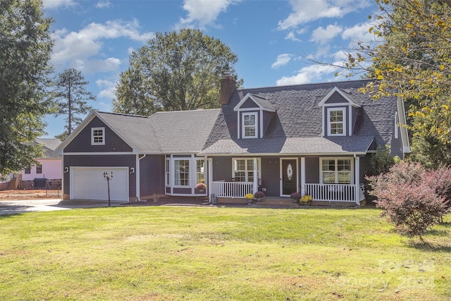 cape cod-style house featuring a front yard, a porch, and a garage