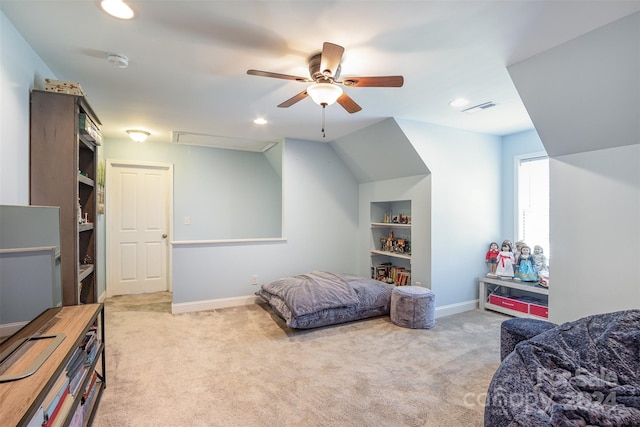 carpeted bedroom featuring ceiling fan