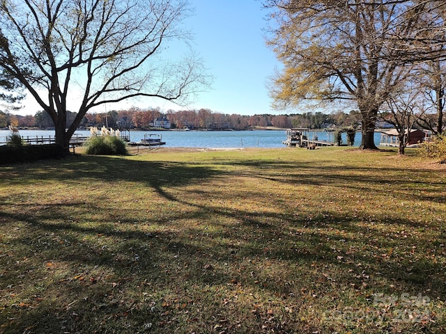 view of yard featuring a water view and a boat dock