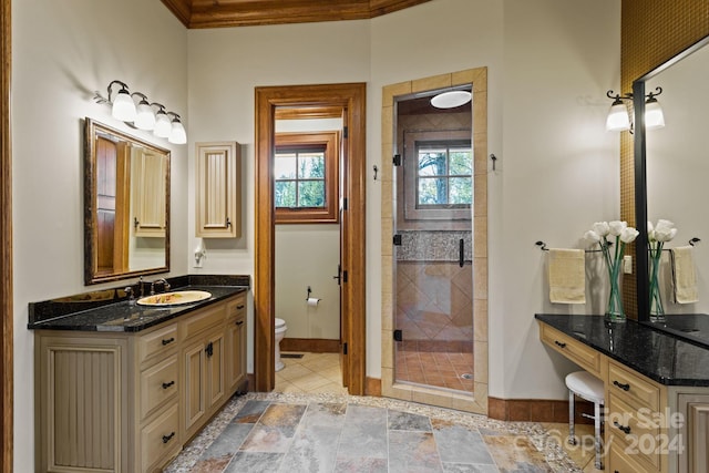 bathroom featuring ornamental molding, vanity, toilet, and a shower with door