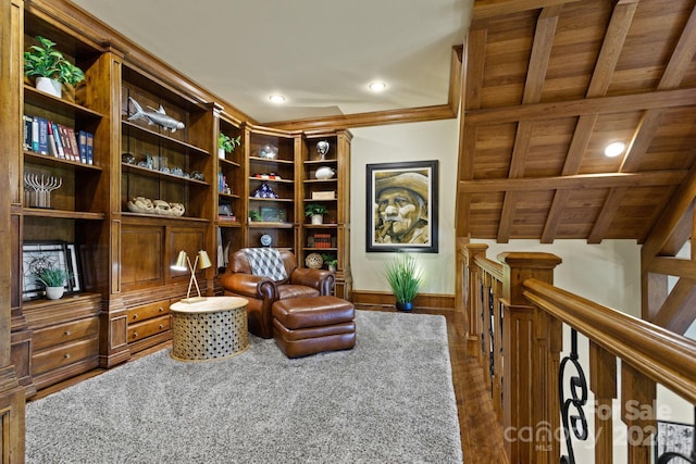 living area featuring wood ceiling, dark colored carpet, and lofted ceiling with beams