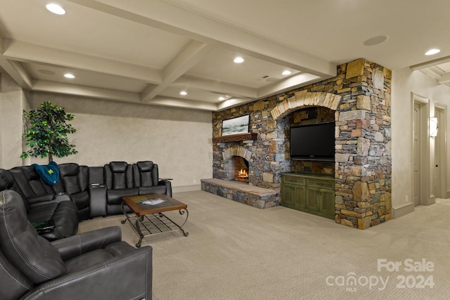 carpeted living room featuring coffered ceiling, a fireplace, and beam ceiling