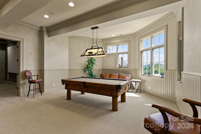 playroom with light colored carpet, crown molding, and pool table