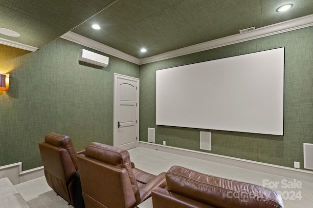 cinema with carpet floors, ornamental molding, and a wall mounted AC