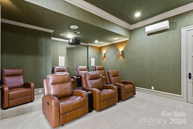 cinema room featuring carpet floors, crown molding, and a wall mounted air conditioner