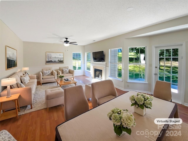 living room with ceiling fan, hardwood / wood-style floors, and a textured ceiling