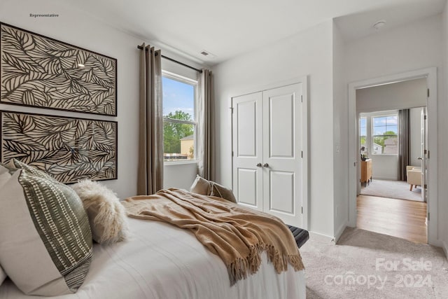 bedroom featuring multiple windows, a closet, and light wood-type flooring