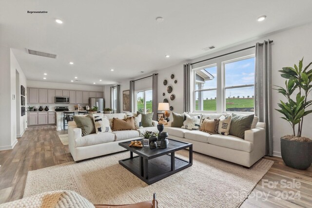 living room with a wealth of natural light and wood-type flooring