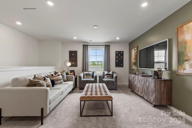 living room with light colored carpet