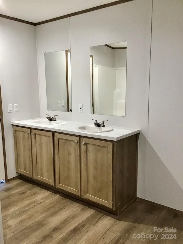 bathroom featuring vanity, ornamental molding, and hardwood / wood-style floors