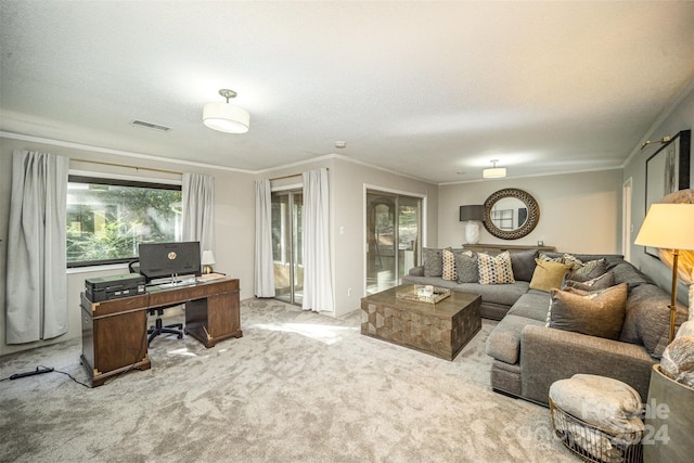 living room with light carpet, crown molding, and a textured ceiling