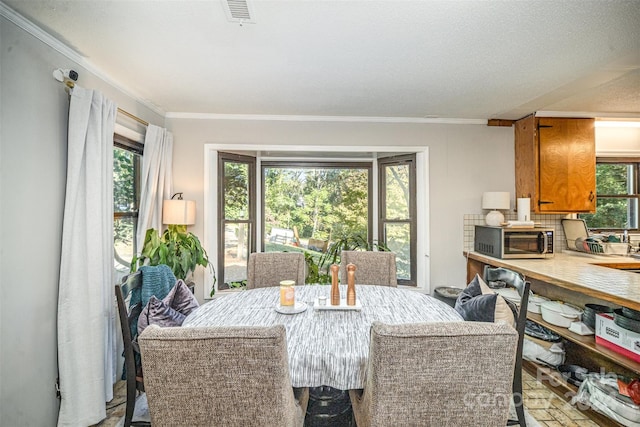 dining space featuring ornamental molding, a textured ceiling, and plenty of natural light