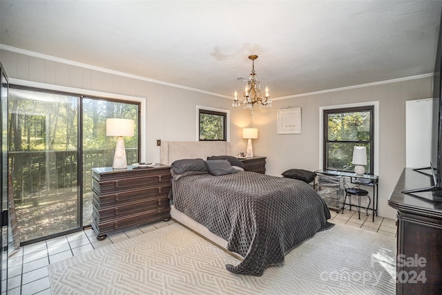 tiled bedroom with ornamental molding, a notable chandelier, and access to exterior