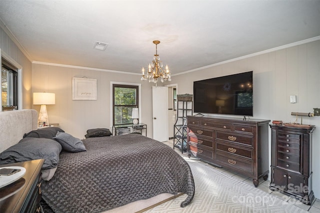 bedroom featuring crown molding, multiple windows, and a chandelier