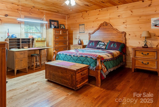 bedroom with ceiling fan, hardwood / wood-style floors, wood ceiling, and wood walls