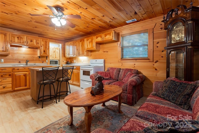 living room with ceiling fan, sink, wood walls, light hardwood / wood-style floors, and wood ceiling