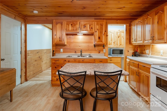 kitchen with sink, a kitchen island, wooden ceiling, and white electric stove