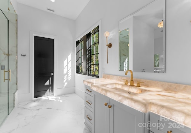 13702 Sage Thrasher Ln, Charlotte, NC 28278 - full bath featuring vanity, a marble finish shower, and marble tiled floors