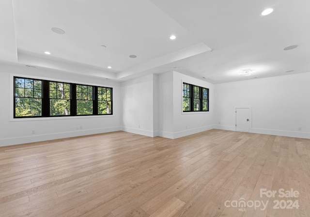 13702 Sage Thrasher Ln, Charlotte, NC 28278 - unfurnished room featuring a tray ceiling, recessed lighting, and light wood-style floors