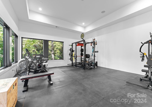 workout area featuring a tray ceiling