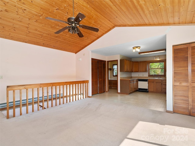 kitchen with lofted ceiling, wood ceiling, sink, and white dishwasher