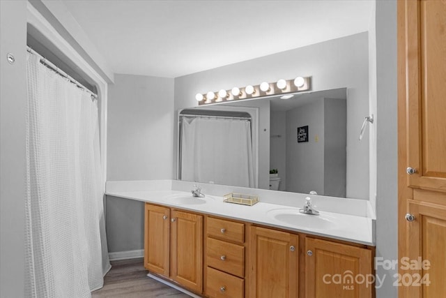 bathroom featuring vanity, hardwood / wood-style floors, and toilet