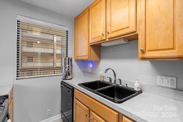 kitchen featuring plenty of natural light, black dishwasher, sink, and range with gas cooktop