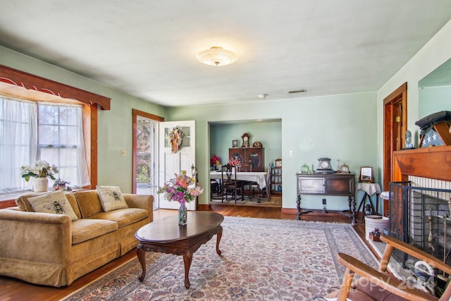 living room with hardwood / wood-style floors, a fireplace, and a healthy amount of sunlight